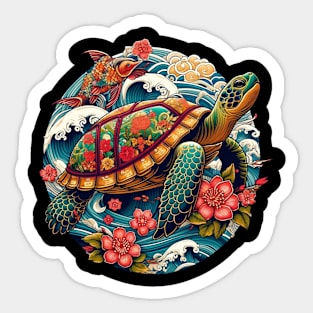 Flower Waves Floral Art Traditional Japanese Turtle Sticker